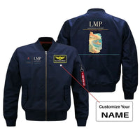 Thumbnail for Lampedusa Airport (LMP) design on blue bomber jacket with custom name patch