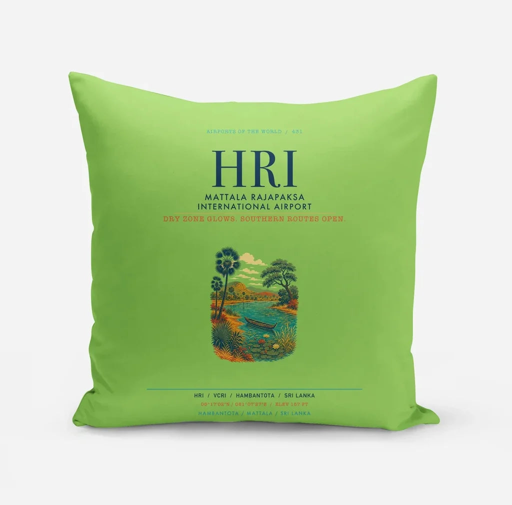 Mattala Rajapaksa International Airport (HRI) design on light green pillow