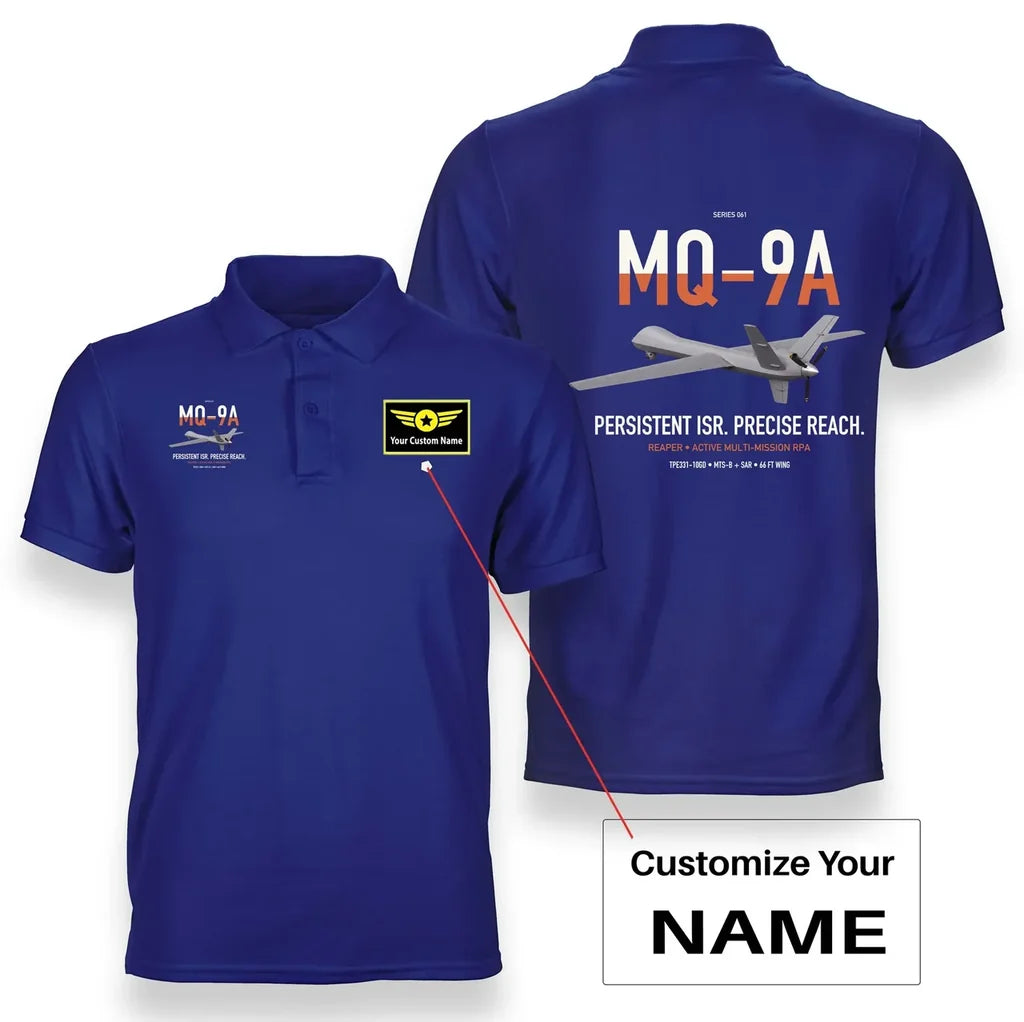 MQ-9A Reaper design on blue+name double-side polo t-shirt, double-side print