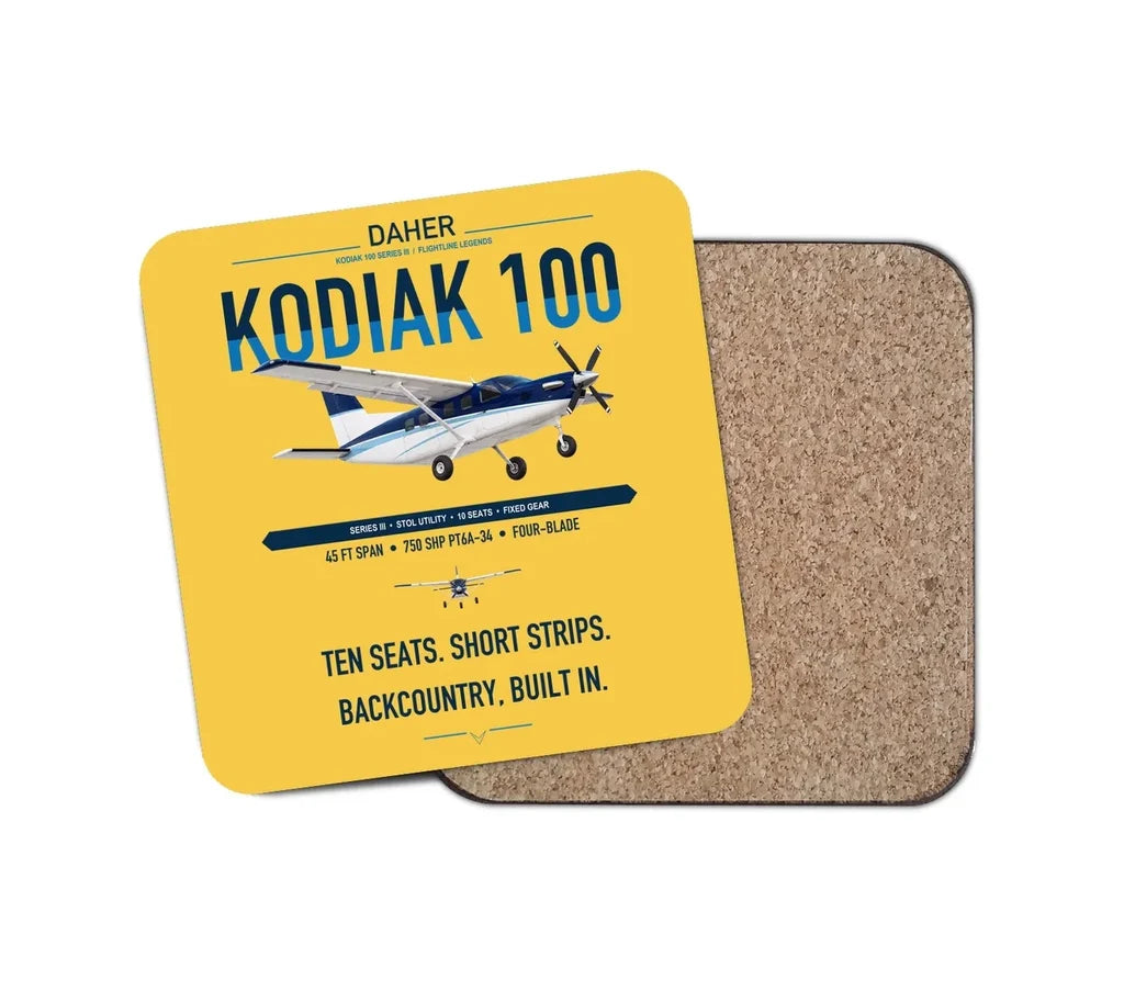 Daher Kodiak 100 Series III design on yellow 1 piece coaster
