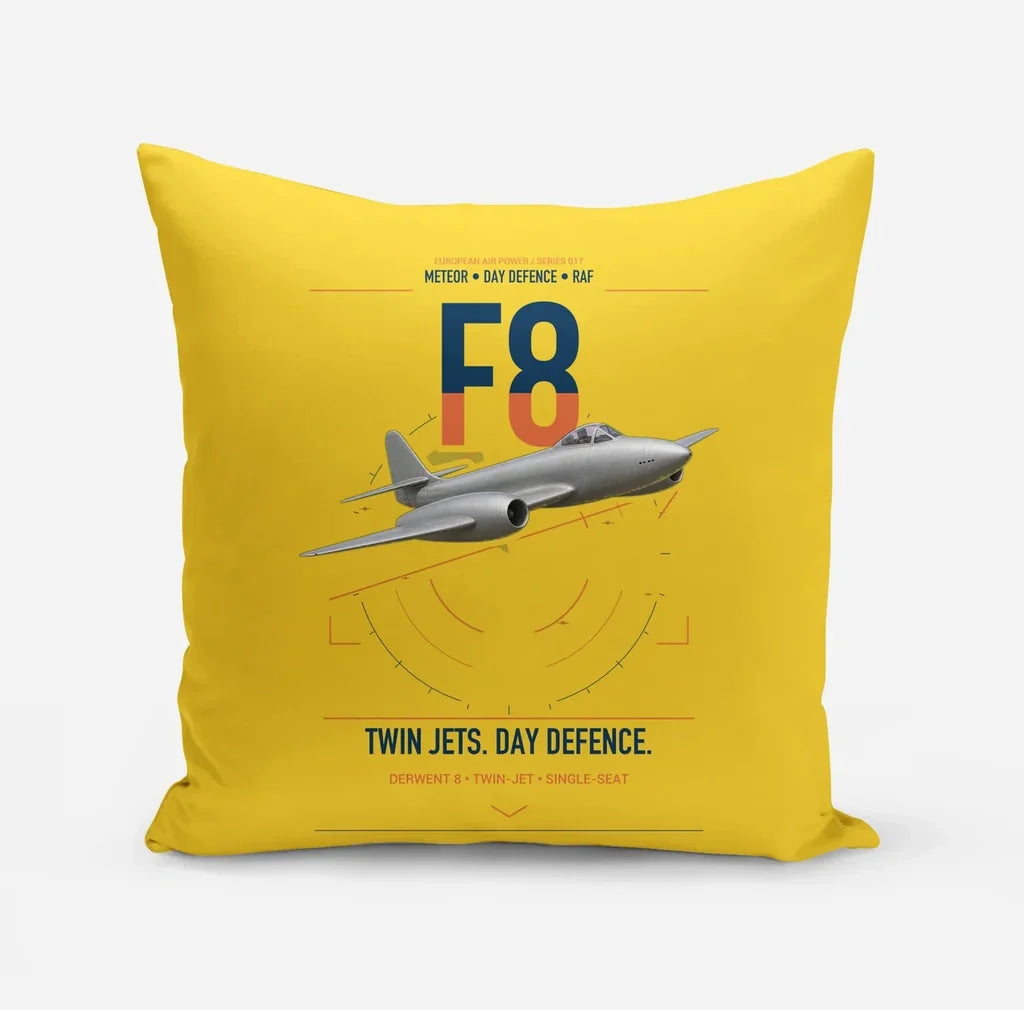 Gloster Meteor F8 design on yellow pillow