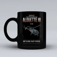 Thumbnail for Aérospatiale SA 316B Alouette III design on black ceramic mug, double-side print