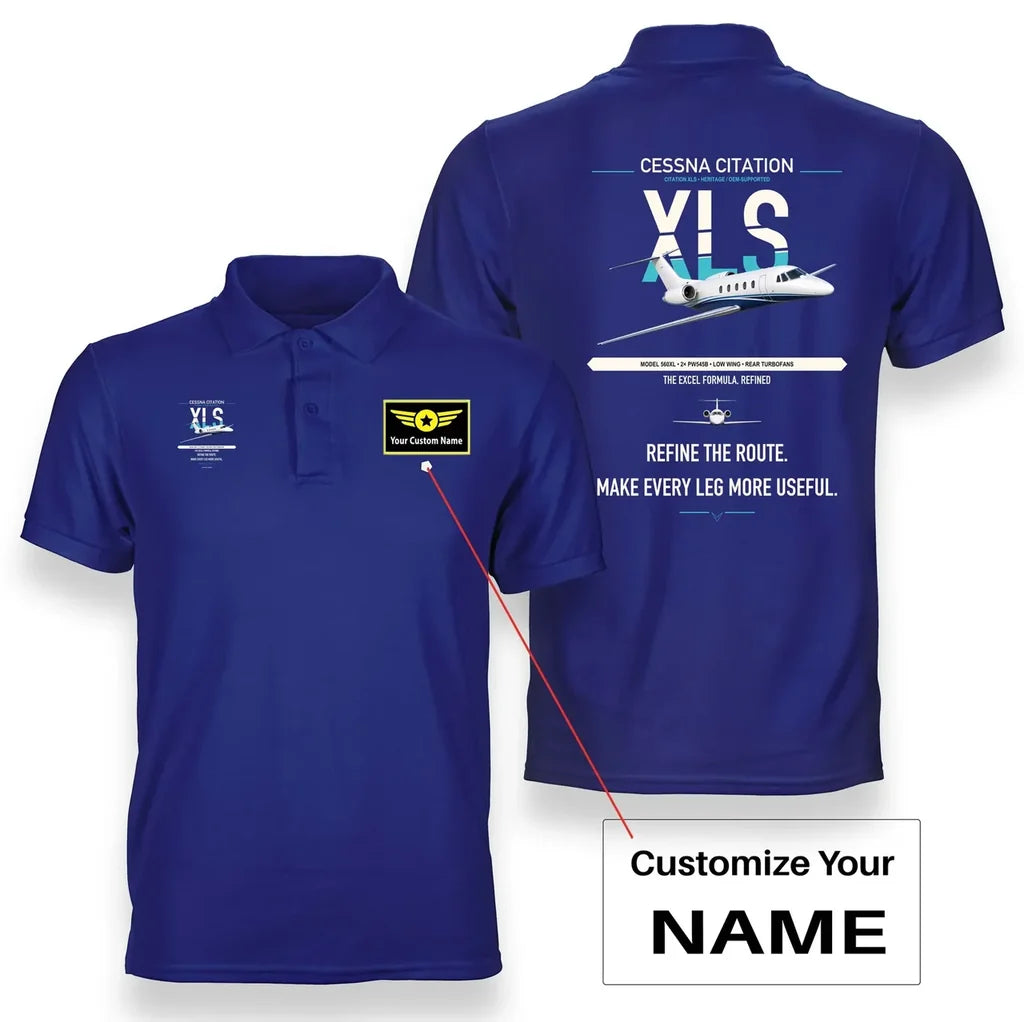 Cessna Citation XLS design on blue+name double-side polo t-shirt, double-side print