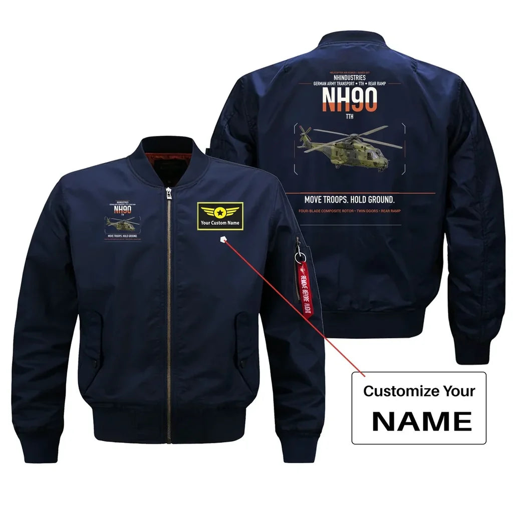 NHIndustries NH90 TTH design on blue+name bomber jacket, double-side print