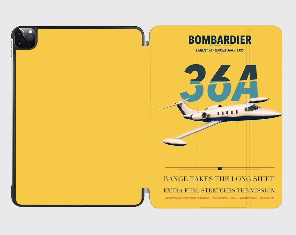Bombardier Learjet 36A design on yellow ipad tablet case