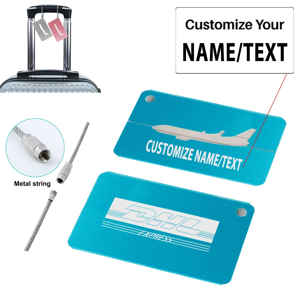 DHL Aviation Aluminum Airplane Luggage tag, Blue + NAME