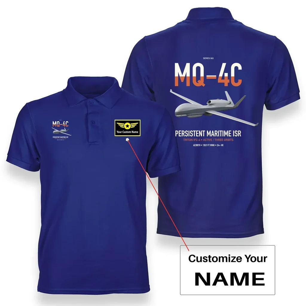 MQ-4C Triton IFC-4 design on blue+name double-side polo t-shirt, double-side print