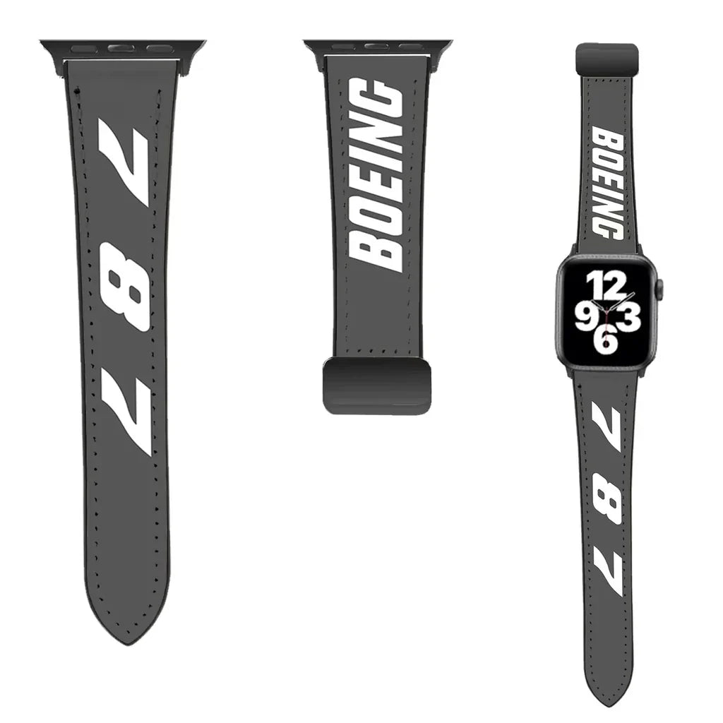 Boeing 787 Flat Text leather apple watch band - grey