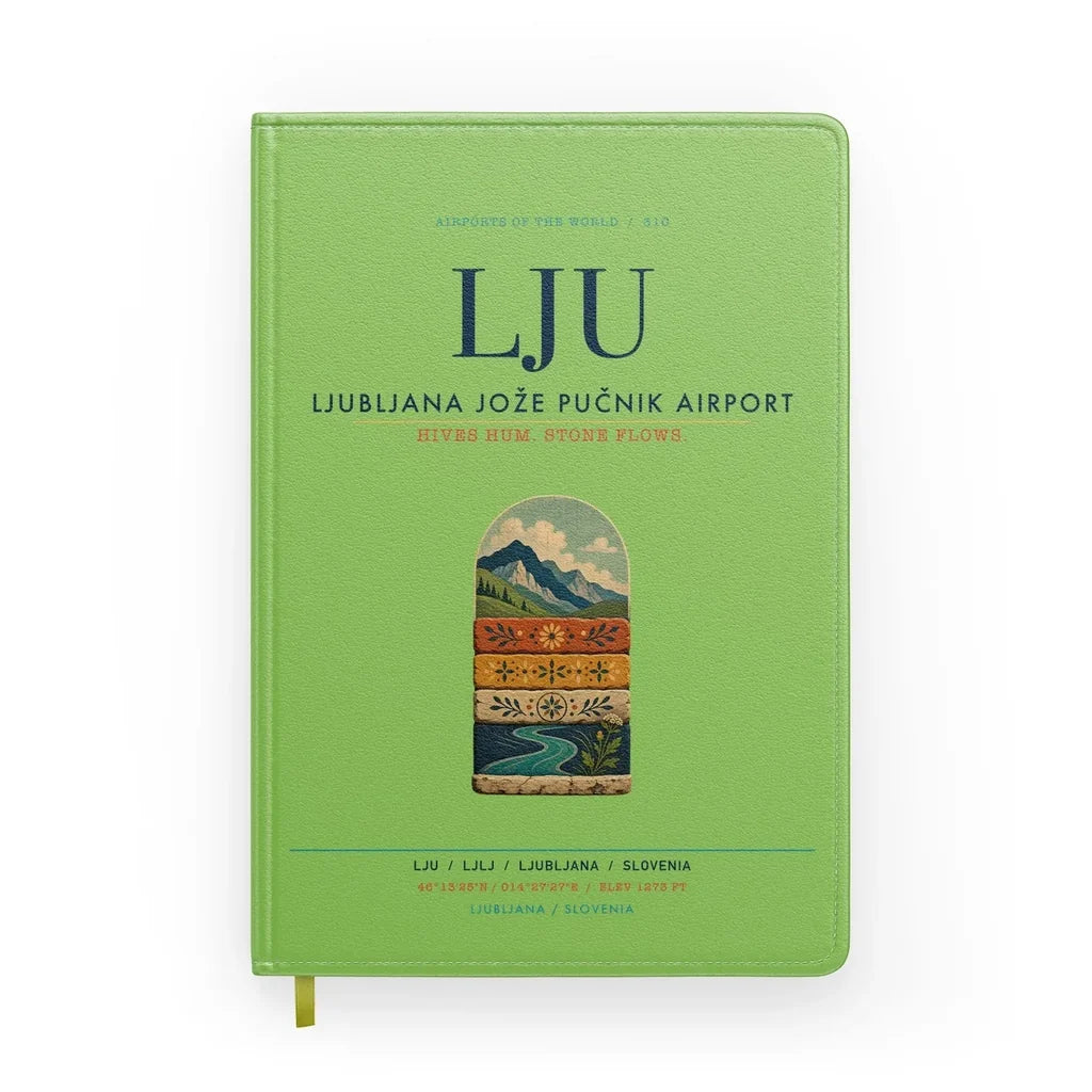 Ljubljana Jože Pučnik Airport (LJU) design on light green notebook