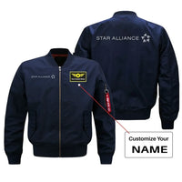 Thumbnail for Star Alliance Airlines aviation design with custom name embroidered on blue bomber jacket