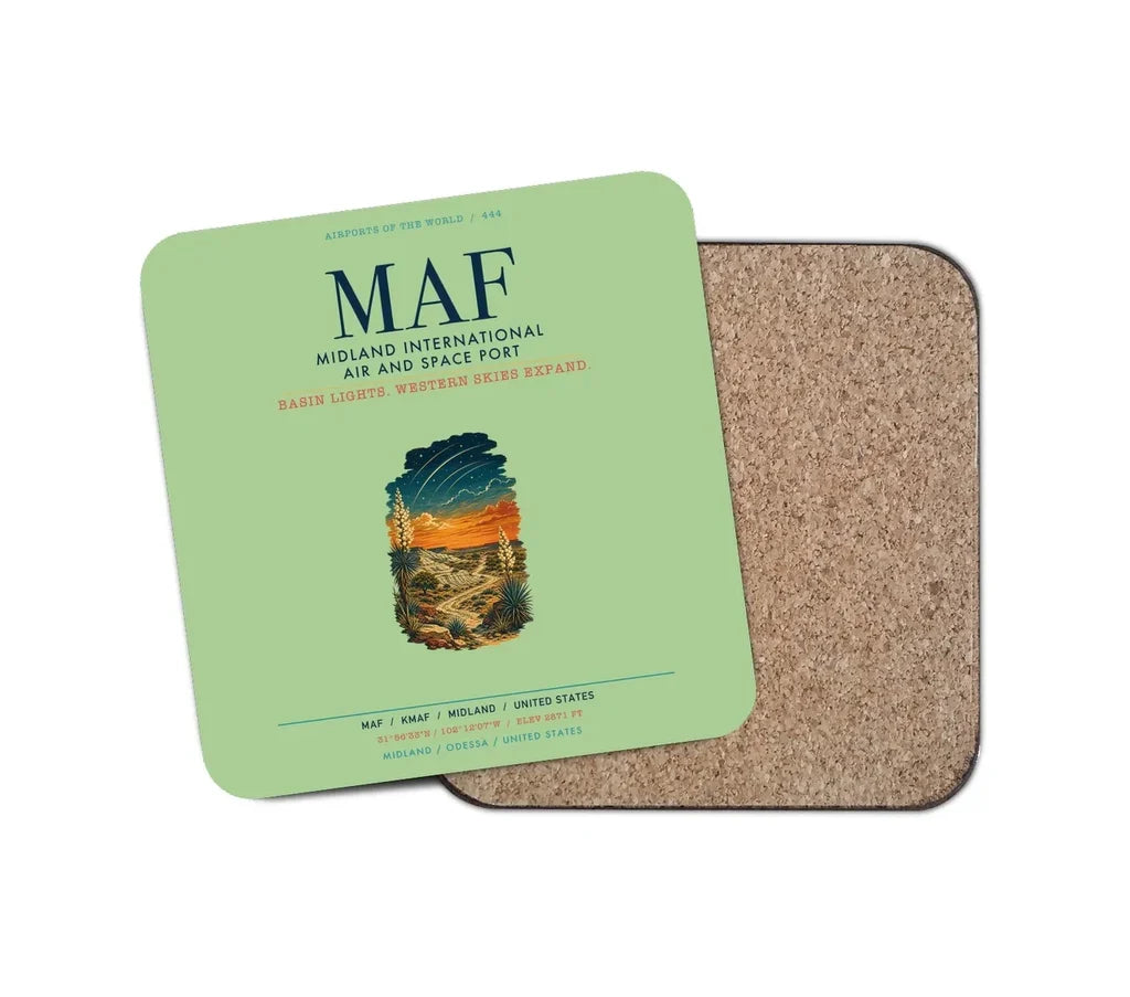 Midland International Air and Space Port (MAF) design on light green 1 piece coaster