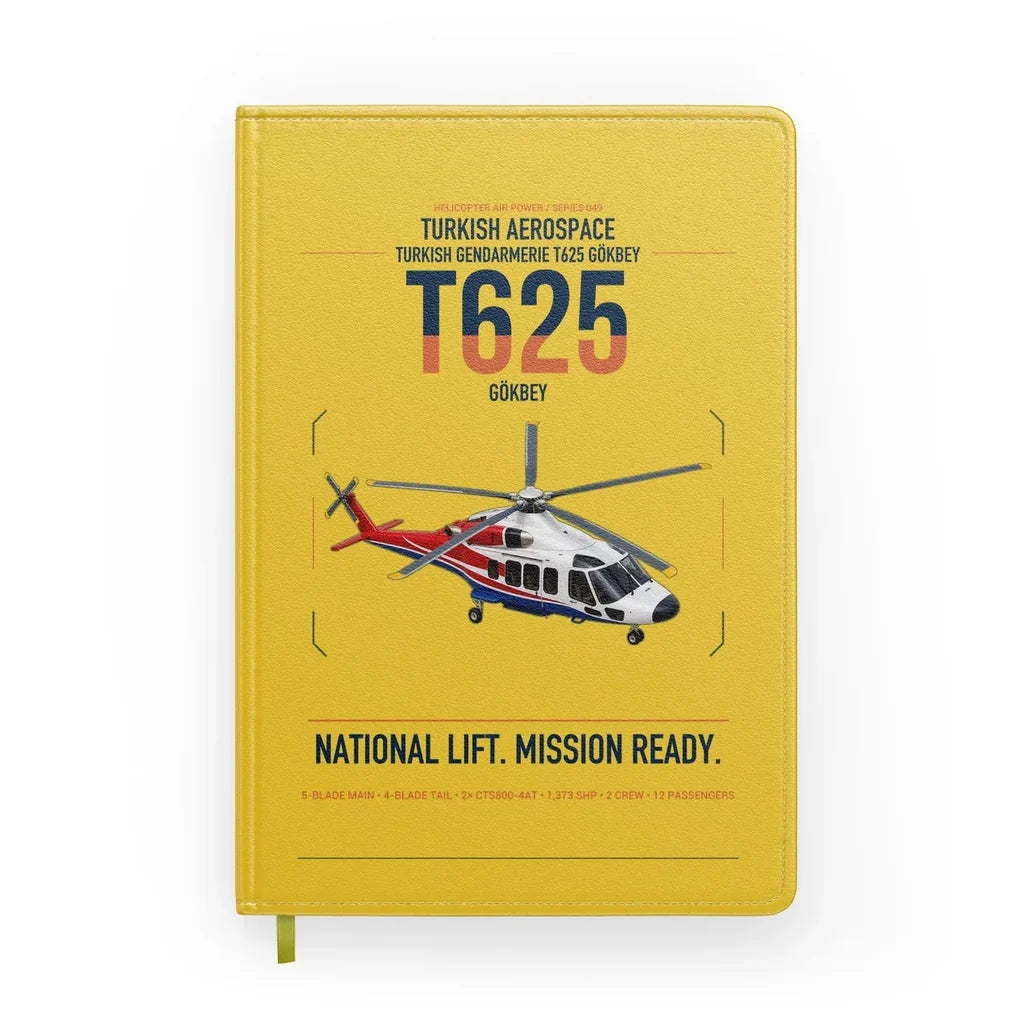 Turkish Aerospace T625 Gökbey design on yellow notebook