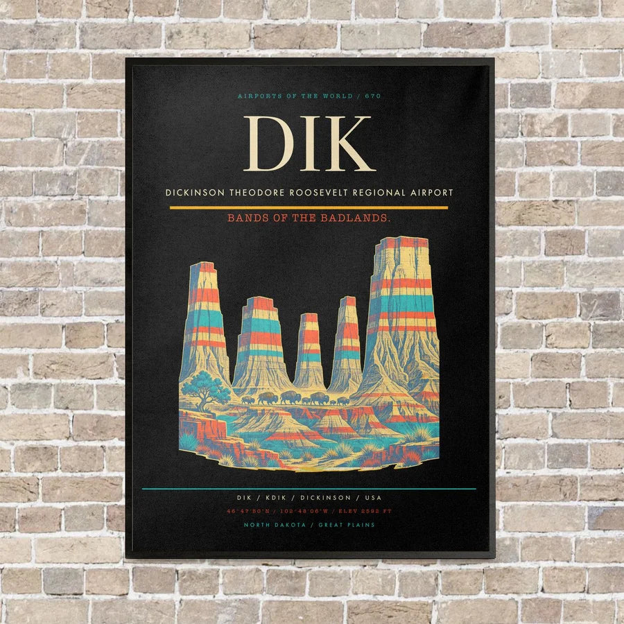 Dickinson Theodore Roosevelt Regional Airport DIK vertical canvas print - framed - black background