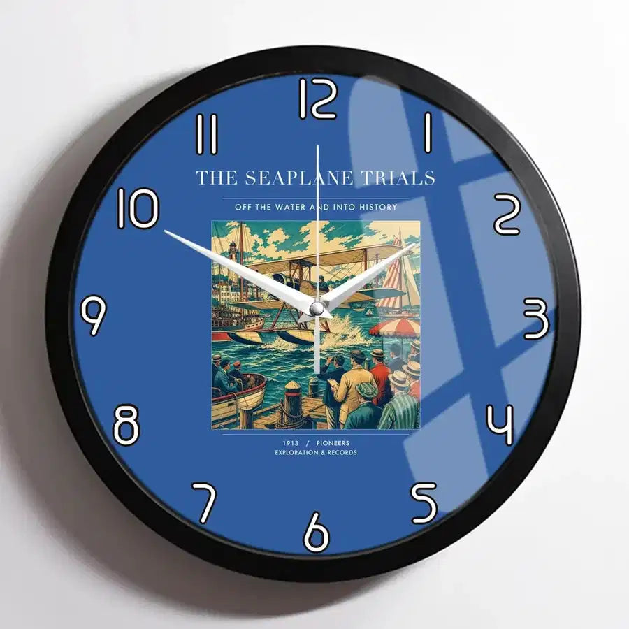 VINTAGE G4005 - The Seaplane Trials - Designed Wall Clocks design on blue framed