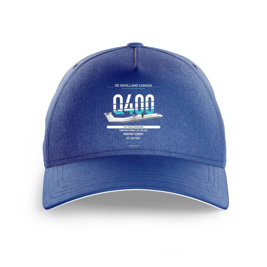 De Havilland Dash 8-400 design on blue printed hat