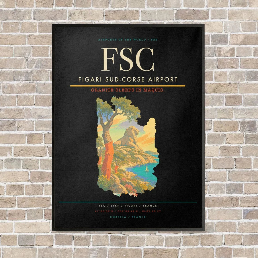 Figari Sud-Corse Airport FSC vertical canvas print - framed - black background
