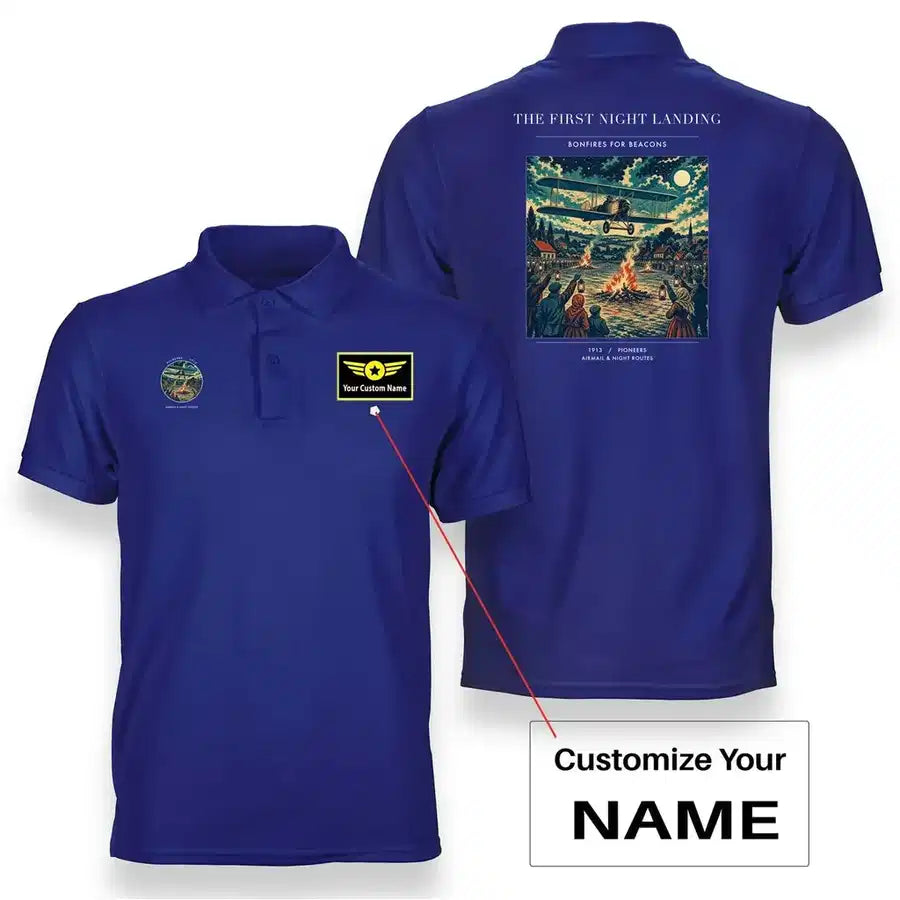 VINTAGE G4327 - The First Night Landing - Double-Side Polo T-Shirt design on blue+name