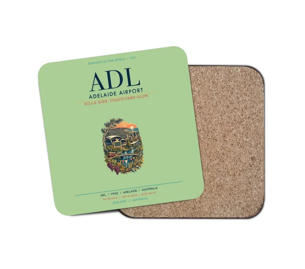 Adelaide Airport (ADL) design on light green 1 piece coaster
