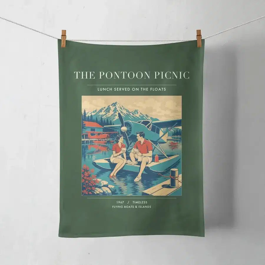 VINTAGE G4250 - The Pontoon Picnic - Designed Towels design on darkgreen