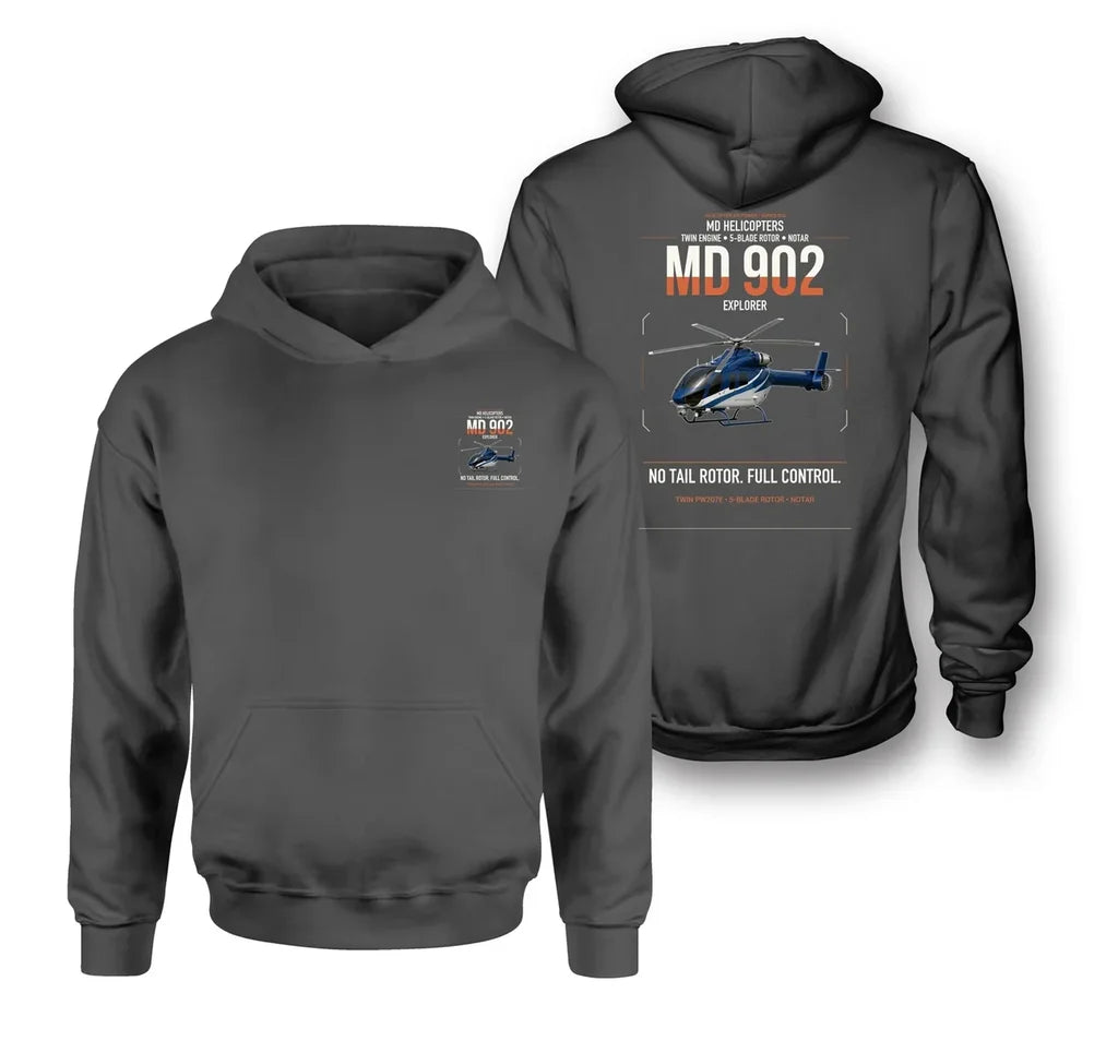 MD Helicopters MD 902 Explorer design on dark gray double-side hoodie, double-side print