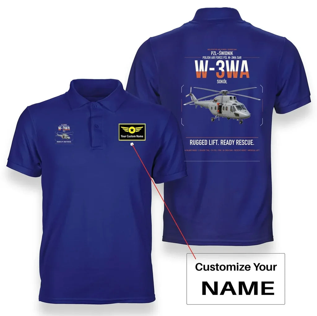 PZL-Świdnik W-3WA Sokół design on blue+name double-side polo t-shirt, double-side print