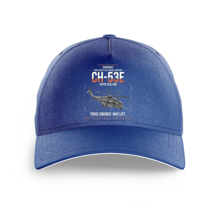 Sikorsky CH-53E Super Stallion design on blue printed hat