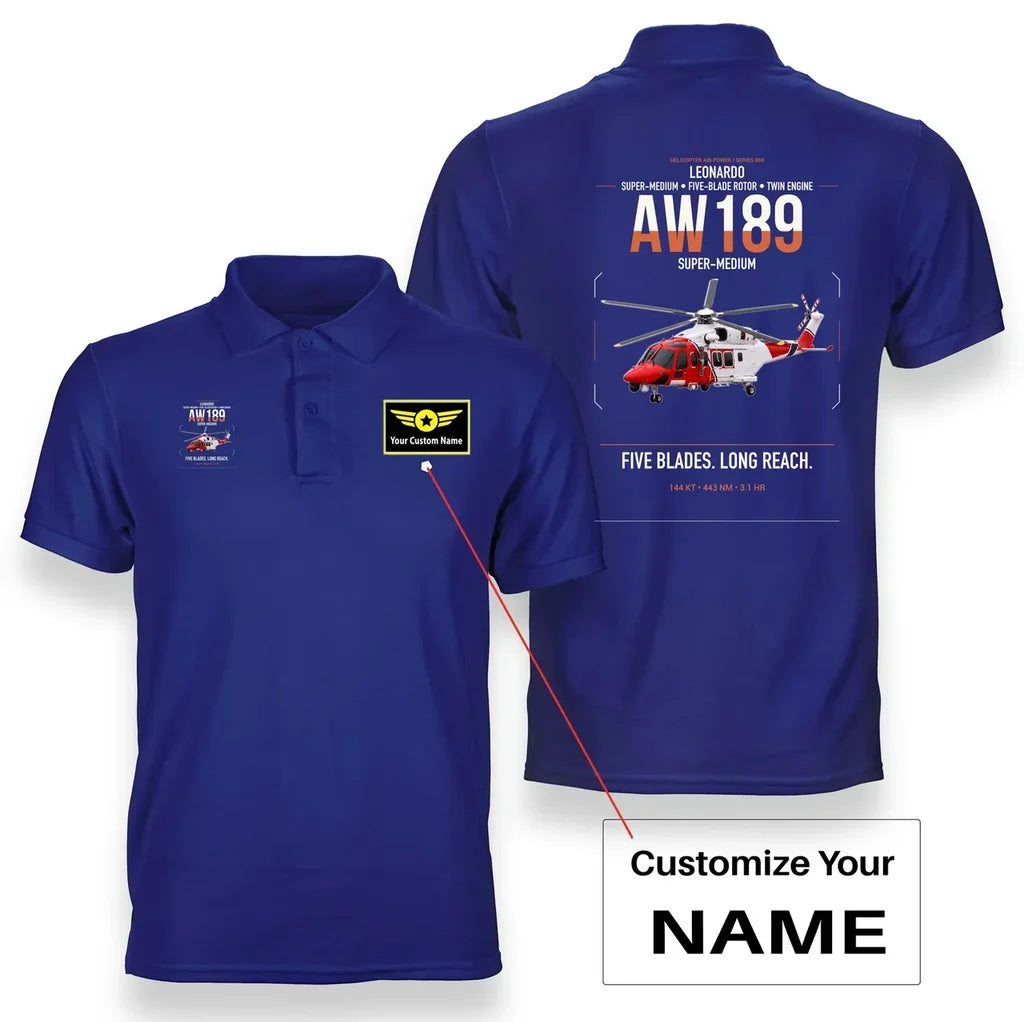 Leonardo AW189 design on blue+name double-side polo t-shirt, double-side print