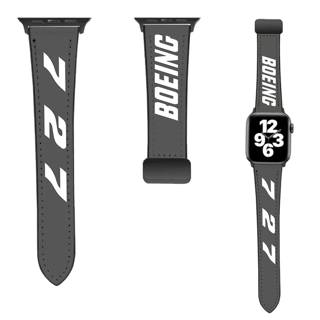 Boeing 727 Flat Text leather apple watch band - grey