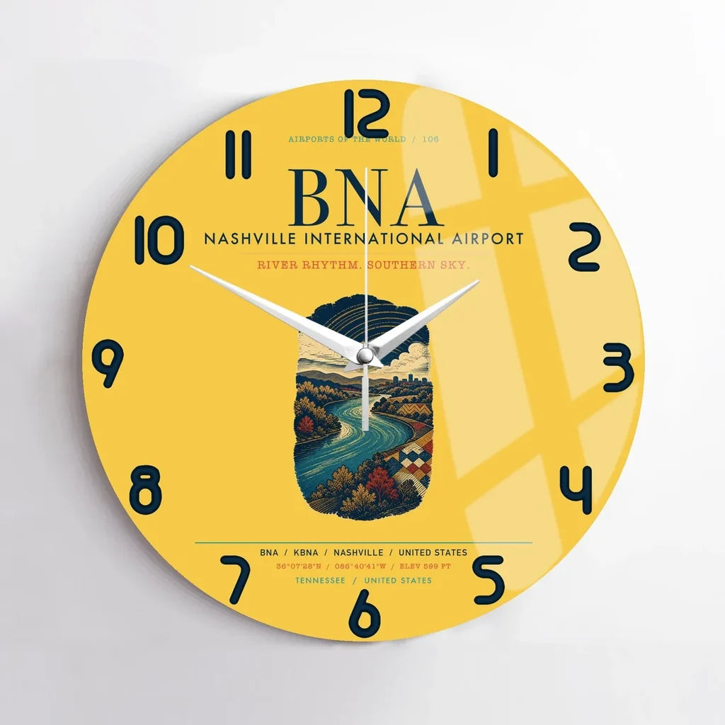Nashville International Airport (BNA) design on yellow no frame wall clock