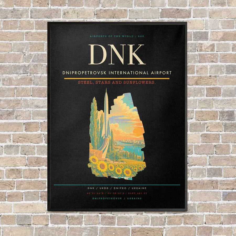 Dnipropetrovsk International Airport DNK vertical canvas print - framed - black background