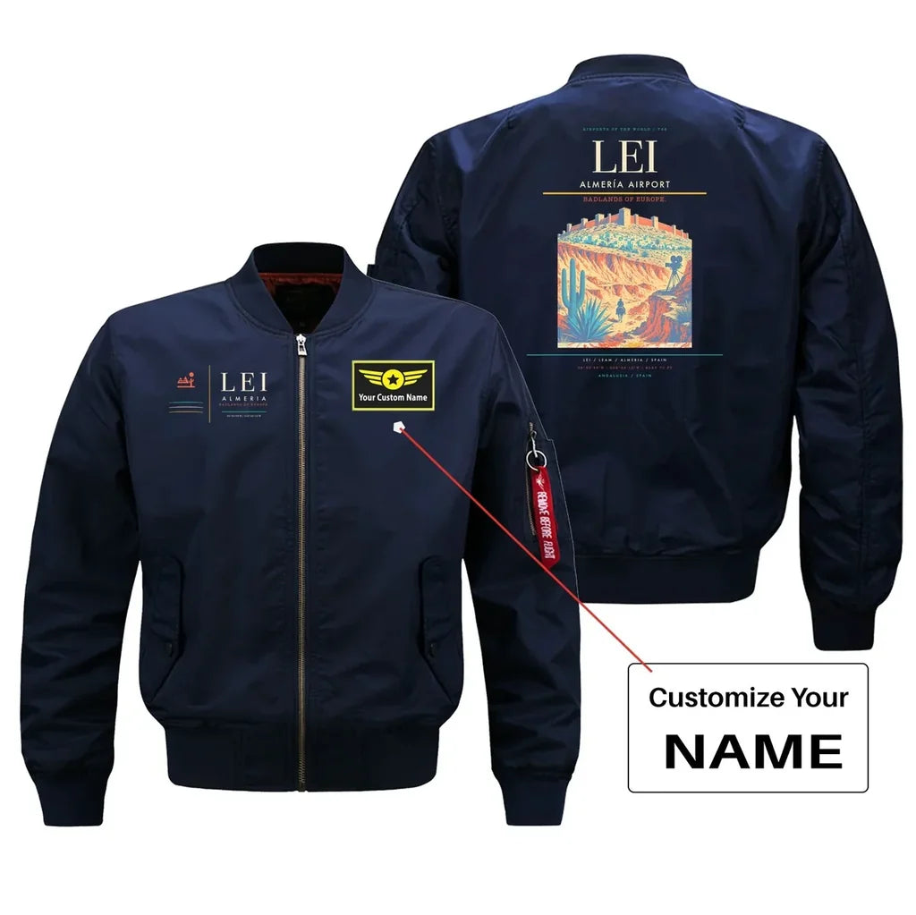 Almería Airport (LEI) design on blue bomber jacket with custom name patch