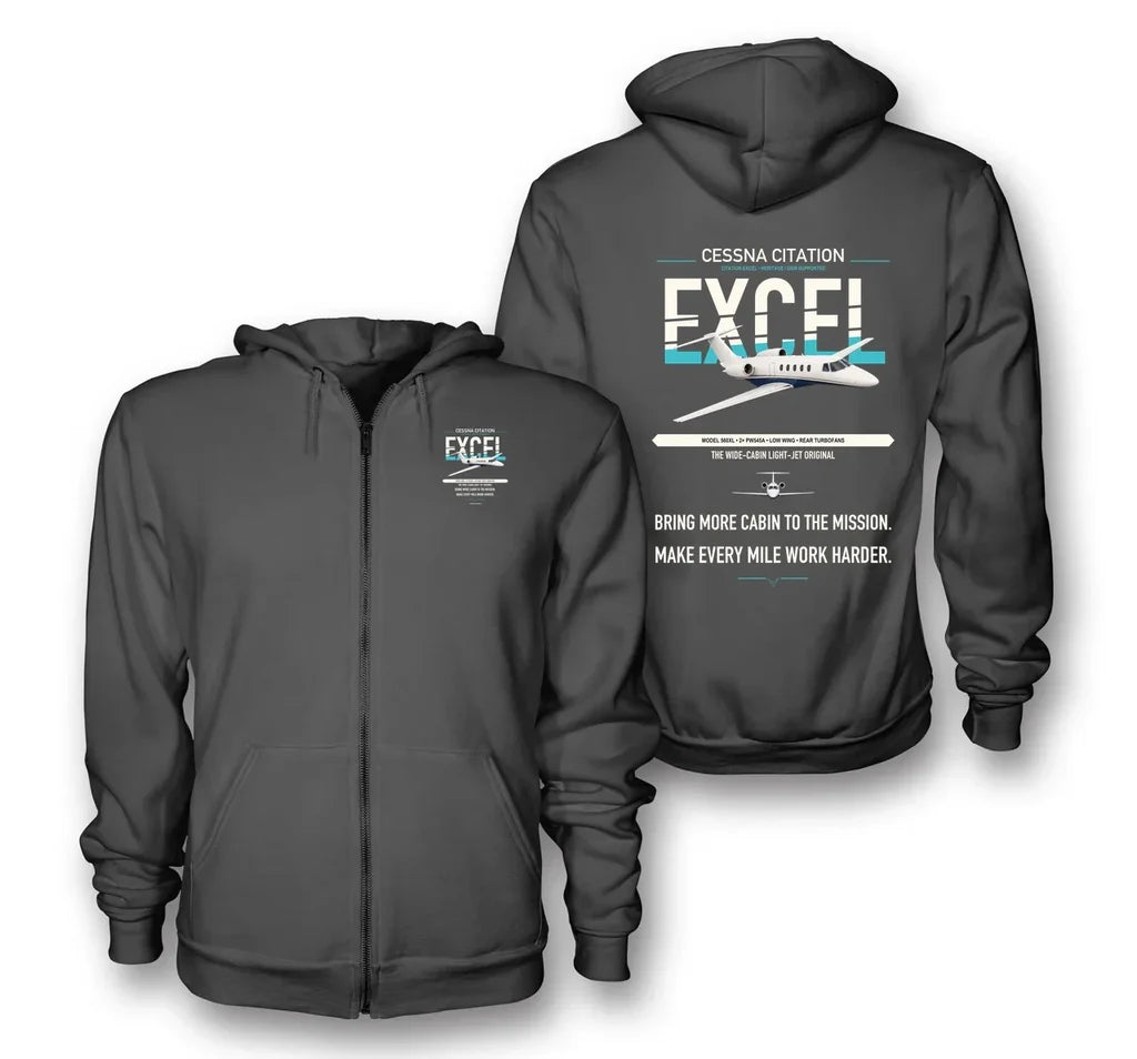 Cessna Citation Excel design on dark gray premium zipped hoodie, double-side print