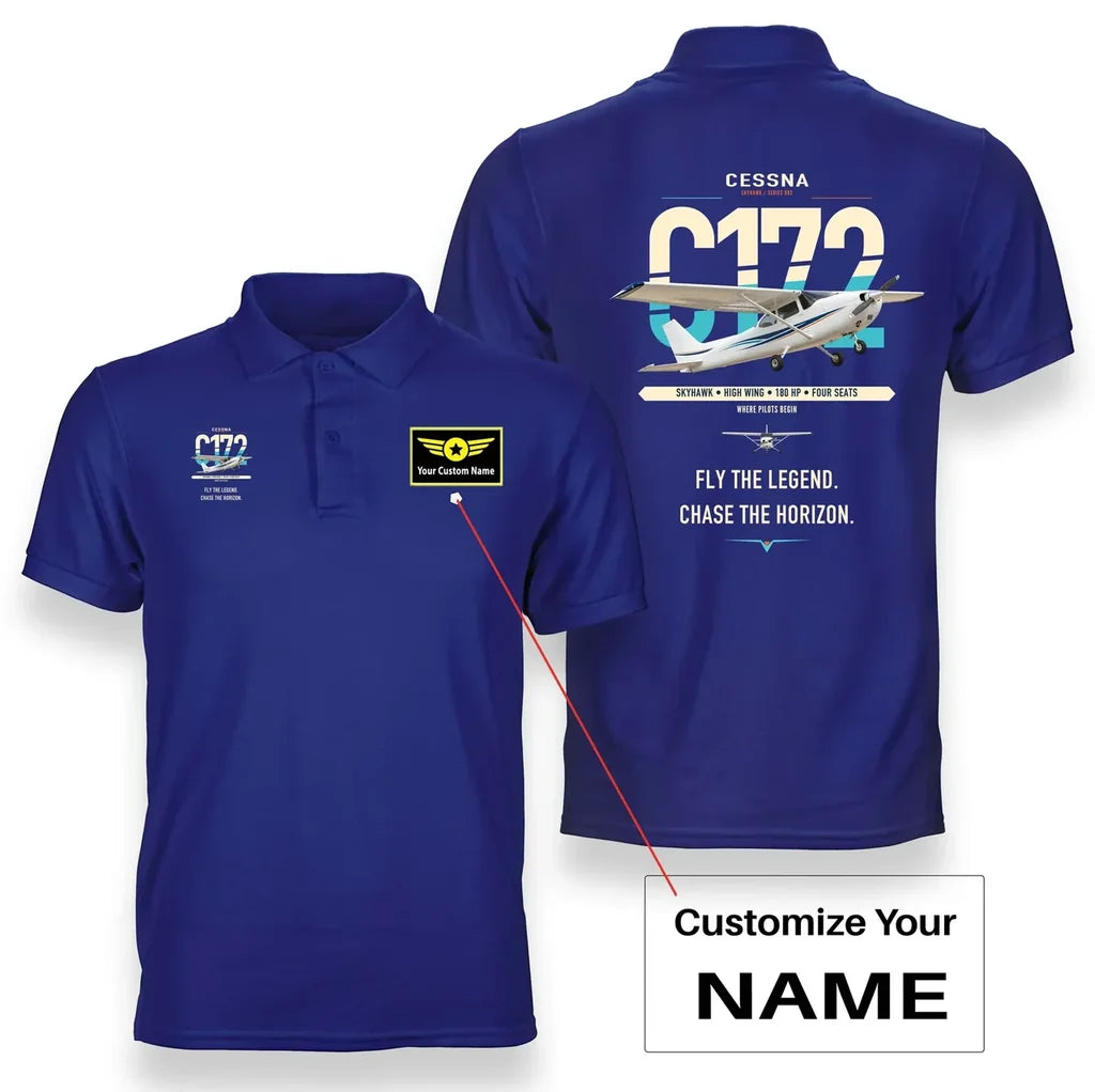 Cessna 172 Skyhawk design on blue+name double-side polo t-shirt, double-side print