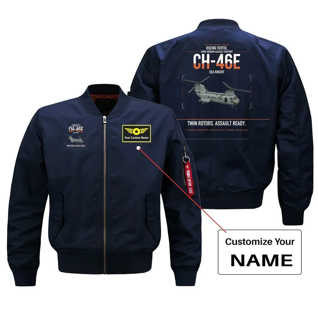 Boeing Vertol CH-46E Sea Knight design on blue+name bomber jacket, double-side print
