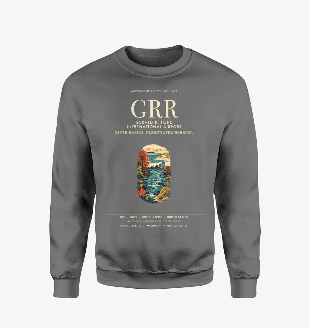 Gerald R. Ford International Airport Grand Rapids (GRR) design on gray sweatshirt