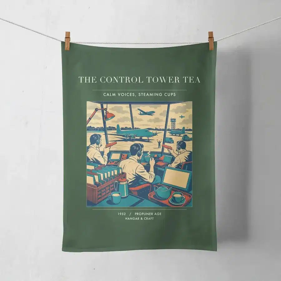 VINTAGE G4375 - The Control Tower Tea - Designed Towels design on darkgreen