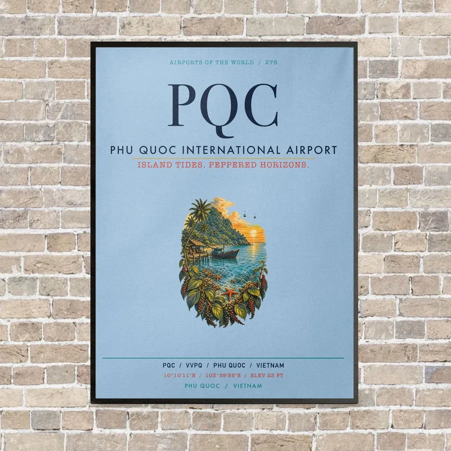 Phu Quoc International Airport PQC vertical canvas print - framed - light blue background