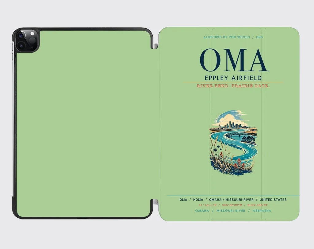 Omaha Eppley Airfield (OMA) design on light green ipad tablet case