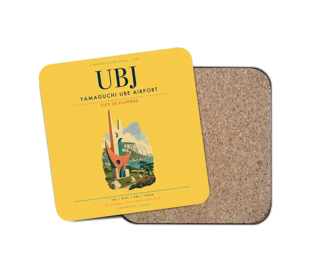 Yamaguchi Ube Airport (UBJ) design on yellow 1 piece coaster