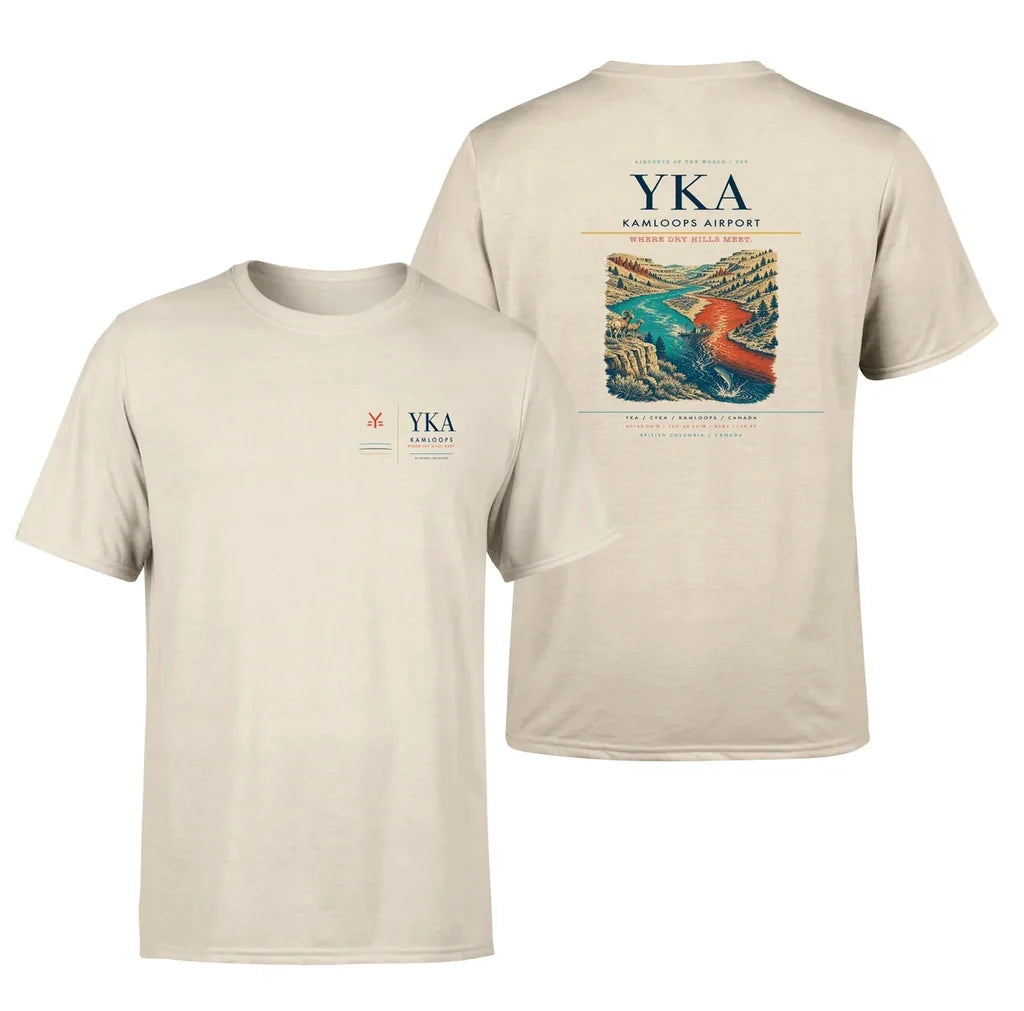 Kamloops Airport (YKA) design printed on beige double-side t-shirt