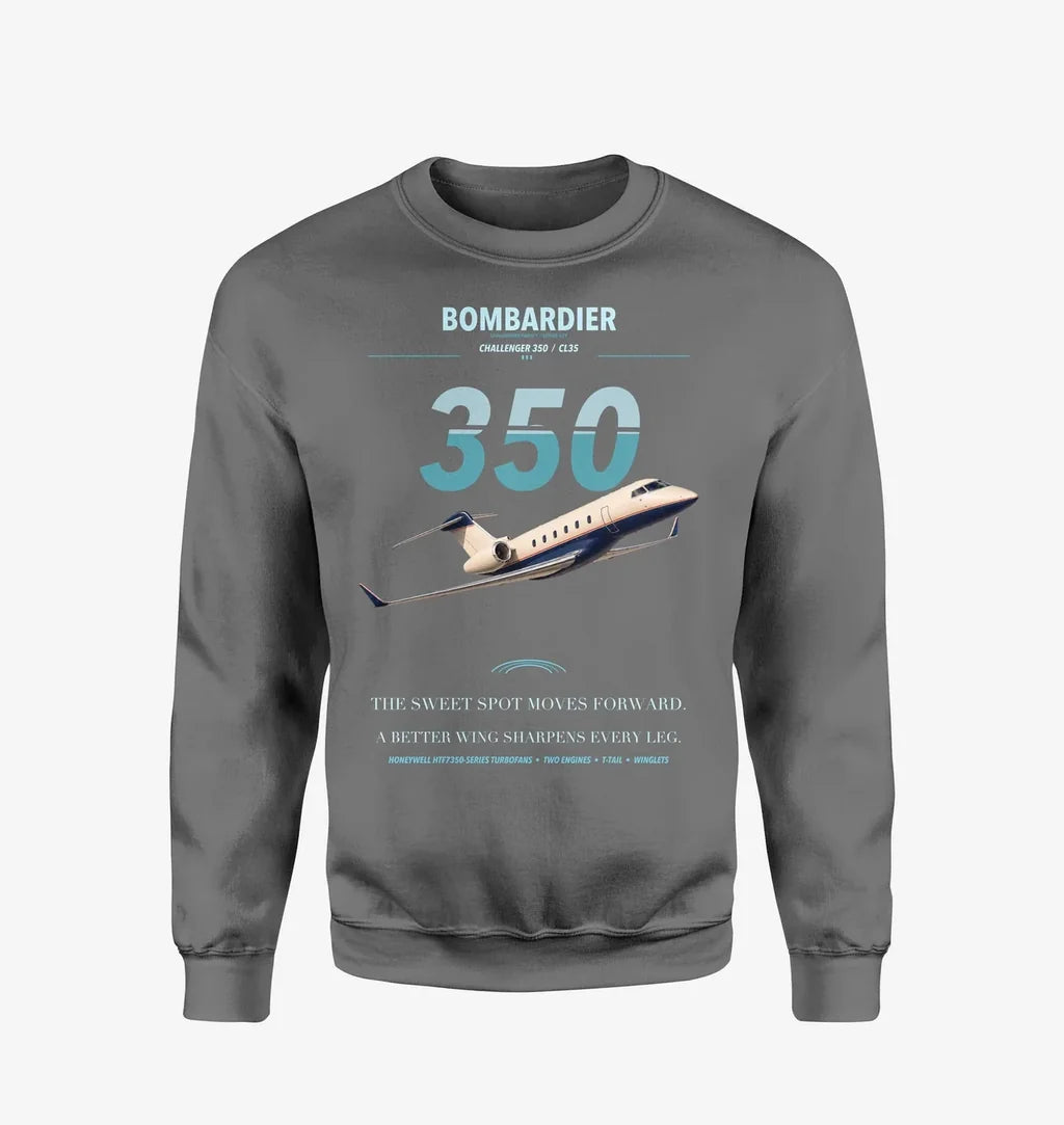 Bombardier Challenger 350 design on gray sweatshirt