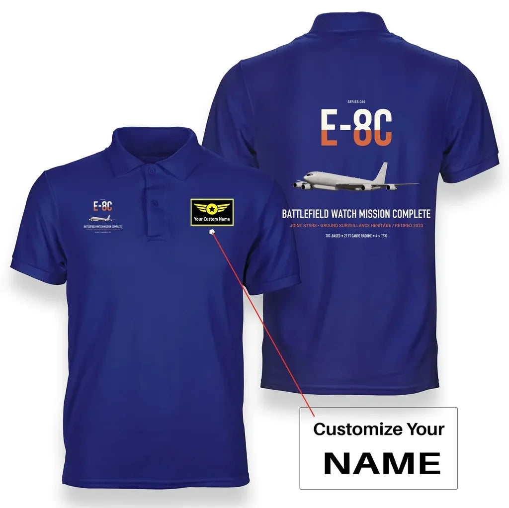 E-8C Joint STARS design on blue+name double-side polo t-shirt, double-side print