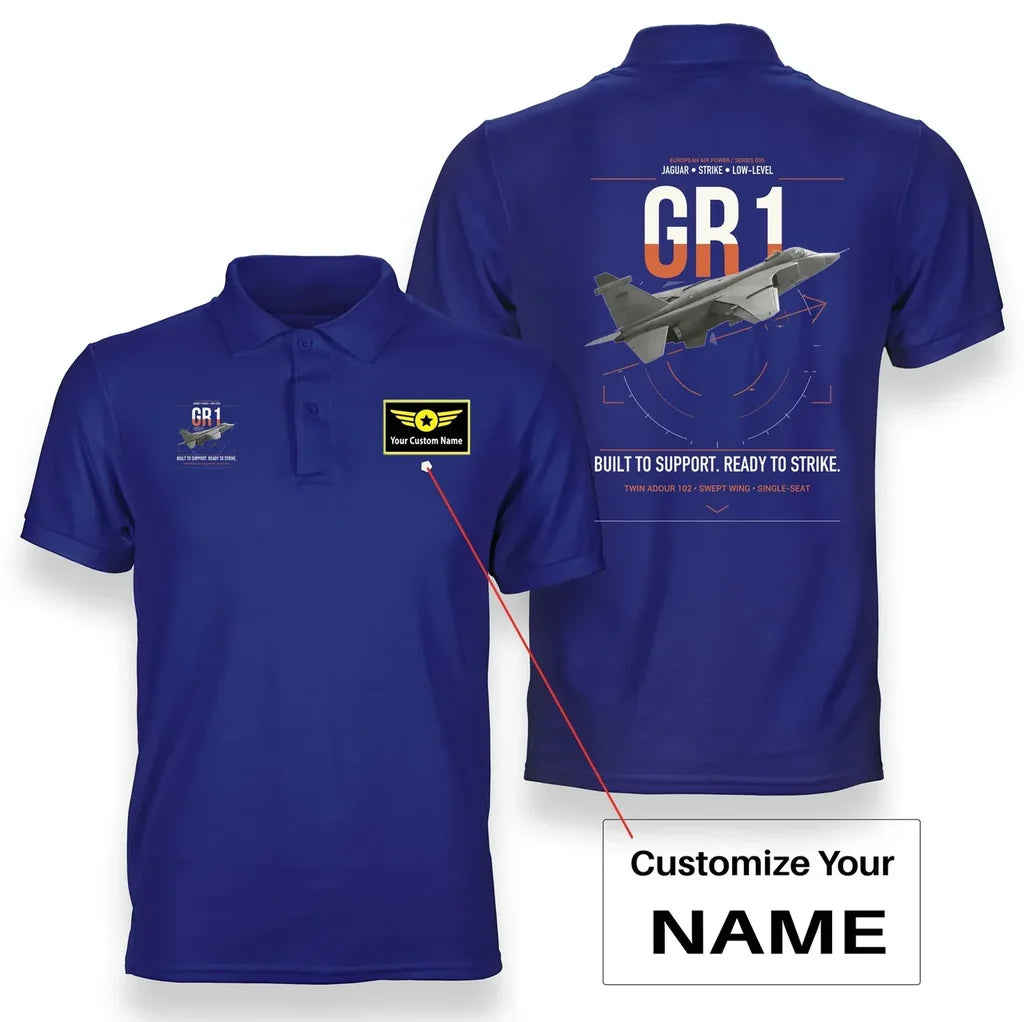 SEPECAT Jaguar GR1 design on blue+name double-side polo t-shirt, double-side print