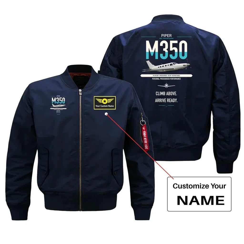 Piper M350 design on blue+name bomber jacket, double-side print