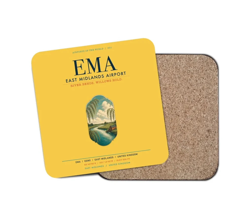 East Midlands Airport (EMA) design on yellow 1 piece coaster