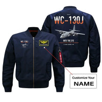 Thumbnail for WC-130J Hurricane Hunter design on blue+name bomber jacket, double-side print