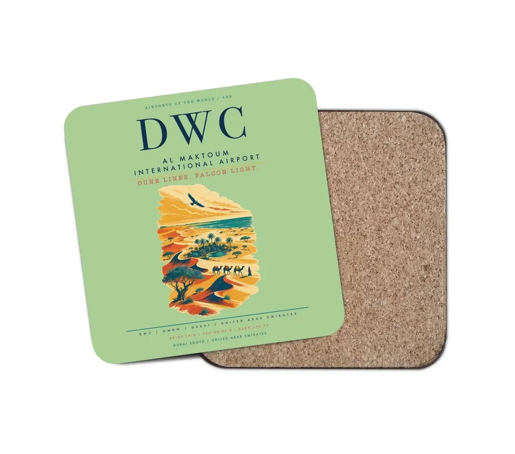 Al Maktoum International Airport (DWC) design on light green 1 piece coaster