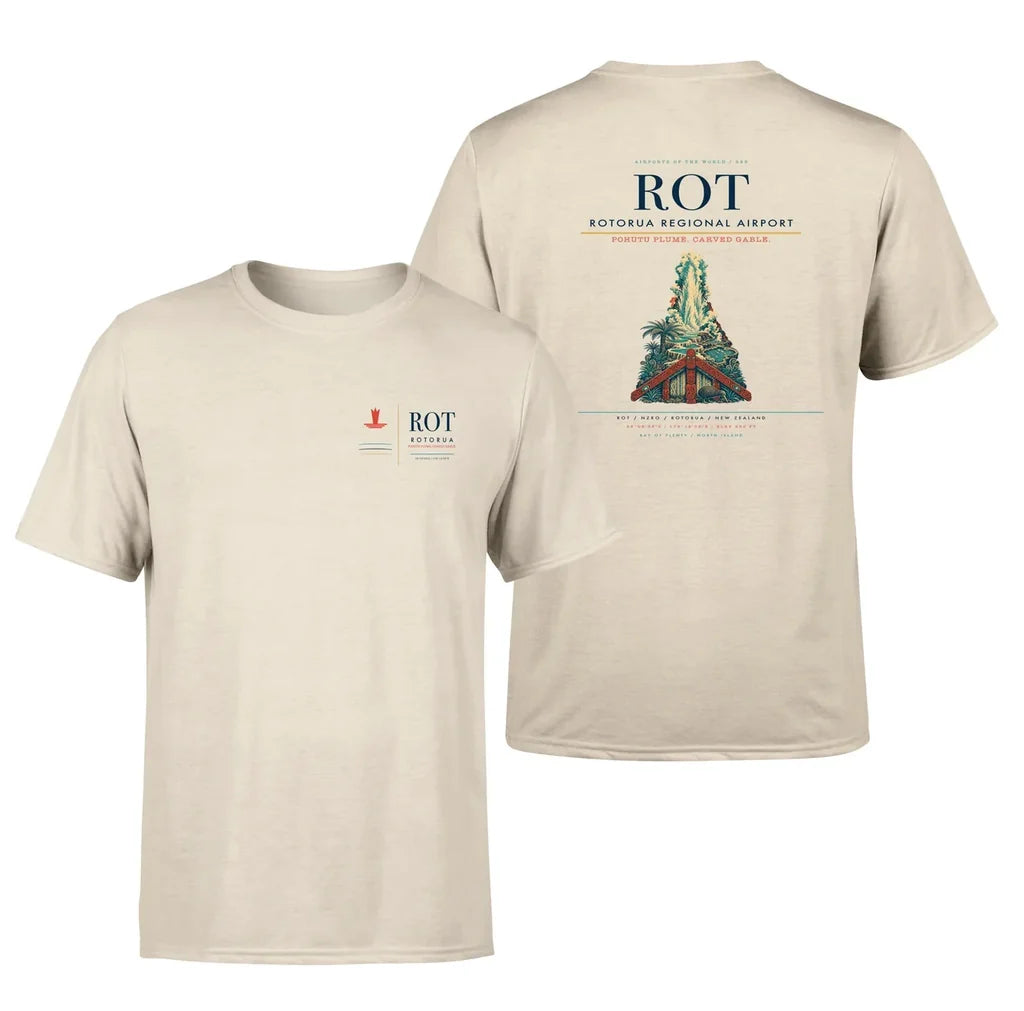 Rotorua Regional Airport (ROT) design printed on beige double-side t-shirt