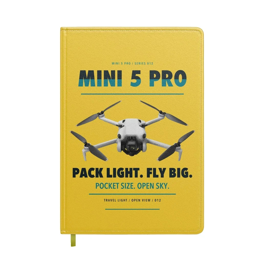 DJI Mini 5 Pro design on yellow notebook