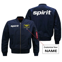 Thumbnail for Spirit Airlines aviation design with custom name embroidered on blue bomber jacket